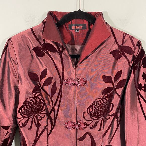 Vintage Dark Red Velvet Floral Mixed Media Button Up Tradition Chinese Jacket - Picture 2 of 8